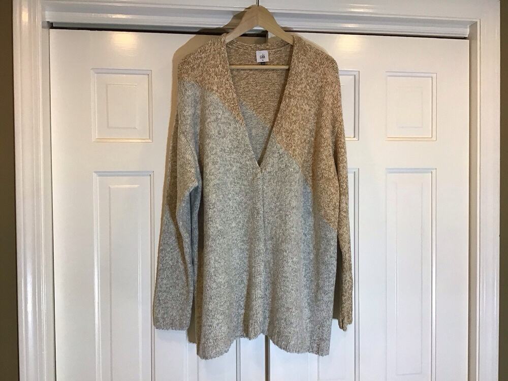 CABI Snap Button Longer Cardigan XLGray/Tan Oversized Comfy Casual Layering Chic
